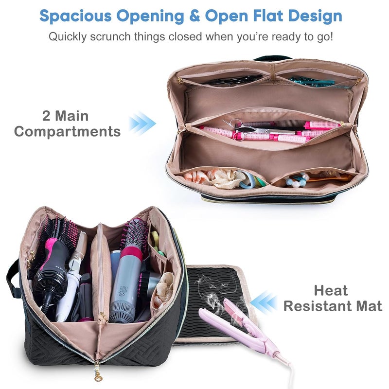 ELCUPA Large Hair Tools Travel Bag with Iron Mat - 2in1 Hair Tools Organizer for Hair Dryer Brush, Flat Irons, Straighteners, Curling Irons, Hair Bag, Makeup Bag, Cosmetic Bag for Travel Essentials - Image 2